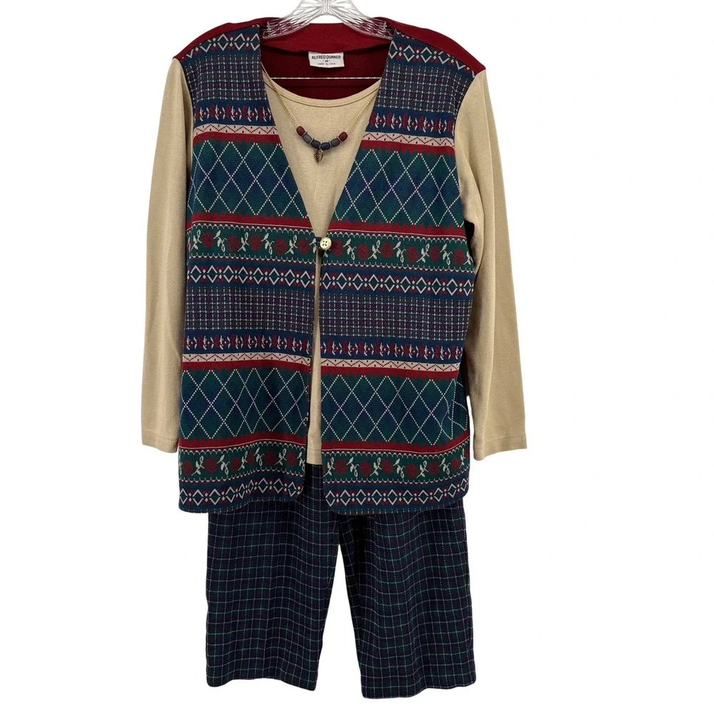 Alfred‎ Dunner Women's 2 Piece Outfit Vest Sweater Pants Plaid Blue Red M 12 USA